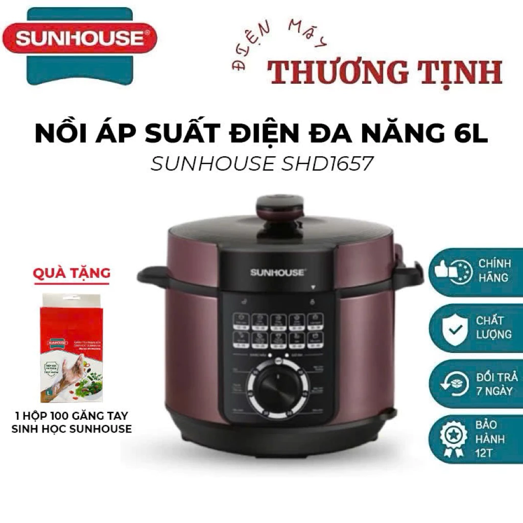 Nồi áp suất điện Sunhouse 6lít SHD1657 hàng chính hãng Bảo hành 12 tháng (tặng kèm 1 hộp găng tay sinh học Sunhouse )