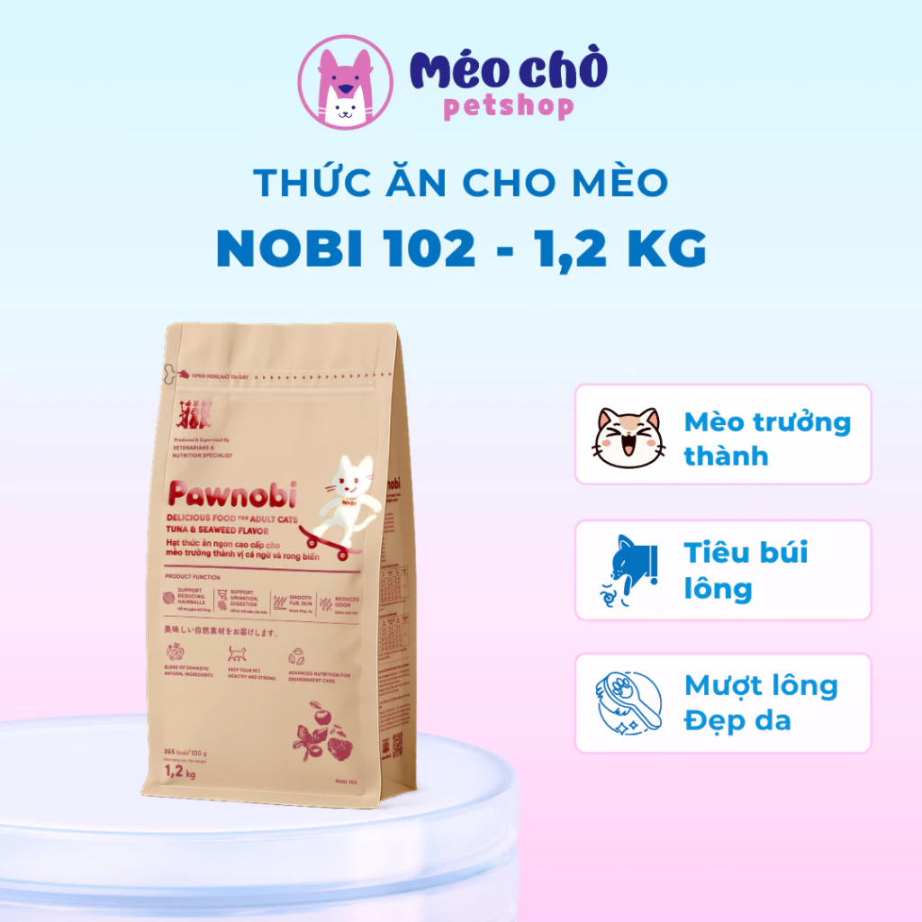 Hạt cho mèo NOBI 102 gói 1,2KG tiêu búi lông, hỗ trợ tuyến giáp, tiêu hóa khỏe dành cho mèo trưởng thành
