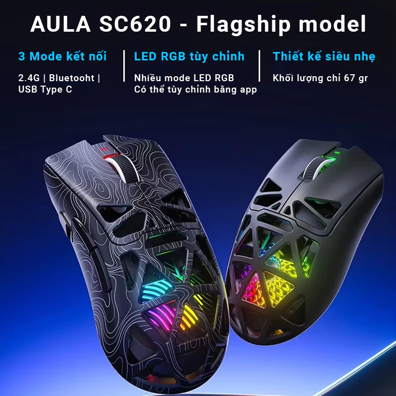 Chuột AULA SC620 - 3 Mode kết nối LED RGB tùy chỉnh - Thiết kế rỗng siêu nhẹ chỉ 67 Gr - BH 12T