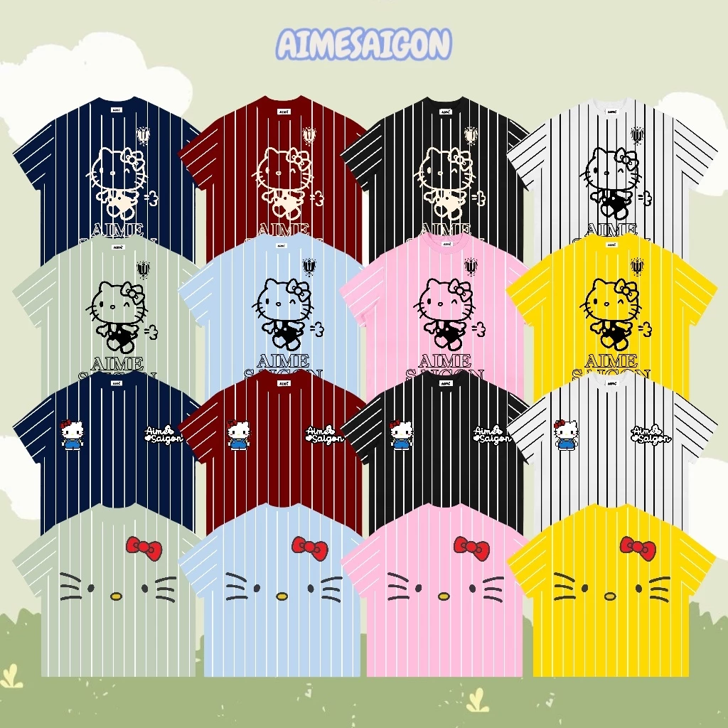 [ASD02 Ver2] Áo Thun Boxy AIMÉ Cotton 250gsm Cổ Tròn Nam Nữ " FULL SỌC HELLO KITTY " Áo Phông Form Rộng Unisex
