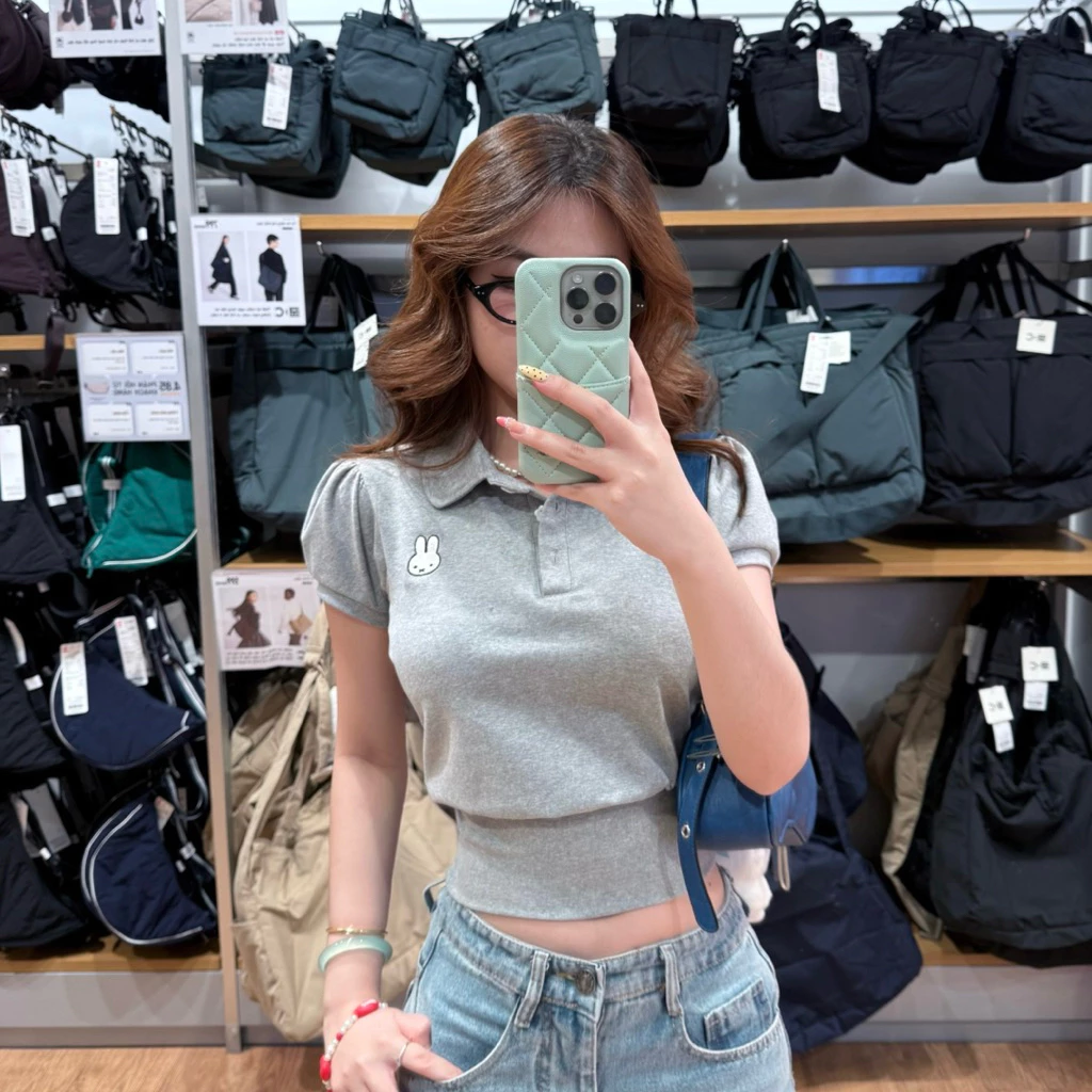 🐰Áo polo thun nữ croptop tay phồng chiết eo thêu hình thỏ dễ thương