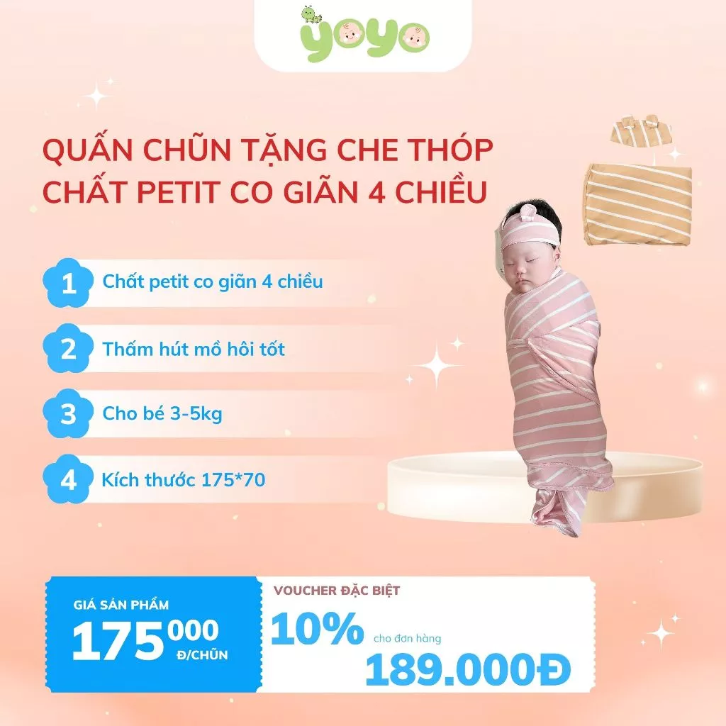 Quấn chũn YoYo tặng kèm che thóp cho bé ngủ ngon 100% petit co giãn 4 chiều thấm hút mồ hôi