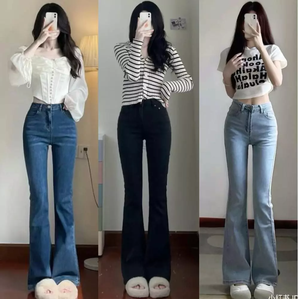 Quần bò ống loe cạp cao NAGUU, quần jeans dáng loe tôn dáng vải co giãn không phai màu