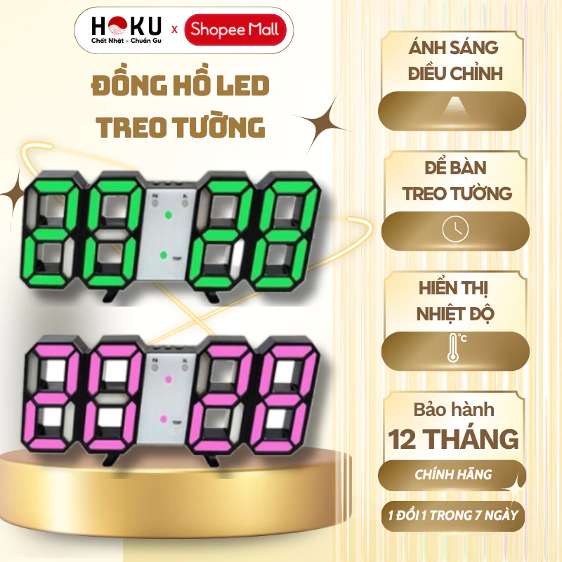 Đồng Hồ LED Treo Tường Để Bàn HOKU Nhỏ Gọn, Hiển Thị Ngày Tháng Nhiệt Độ, Điều Chỉnh Độ Sáng - DHL02
