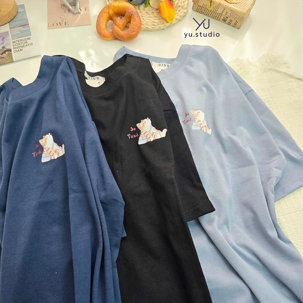 Áo thun nữ YUSTUDIO 3158 chất cotton khô form rộng phông unisex mẫu Mèo Tired
