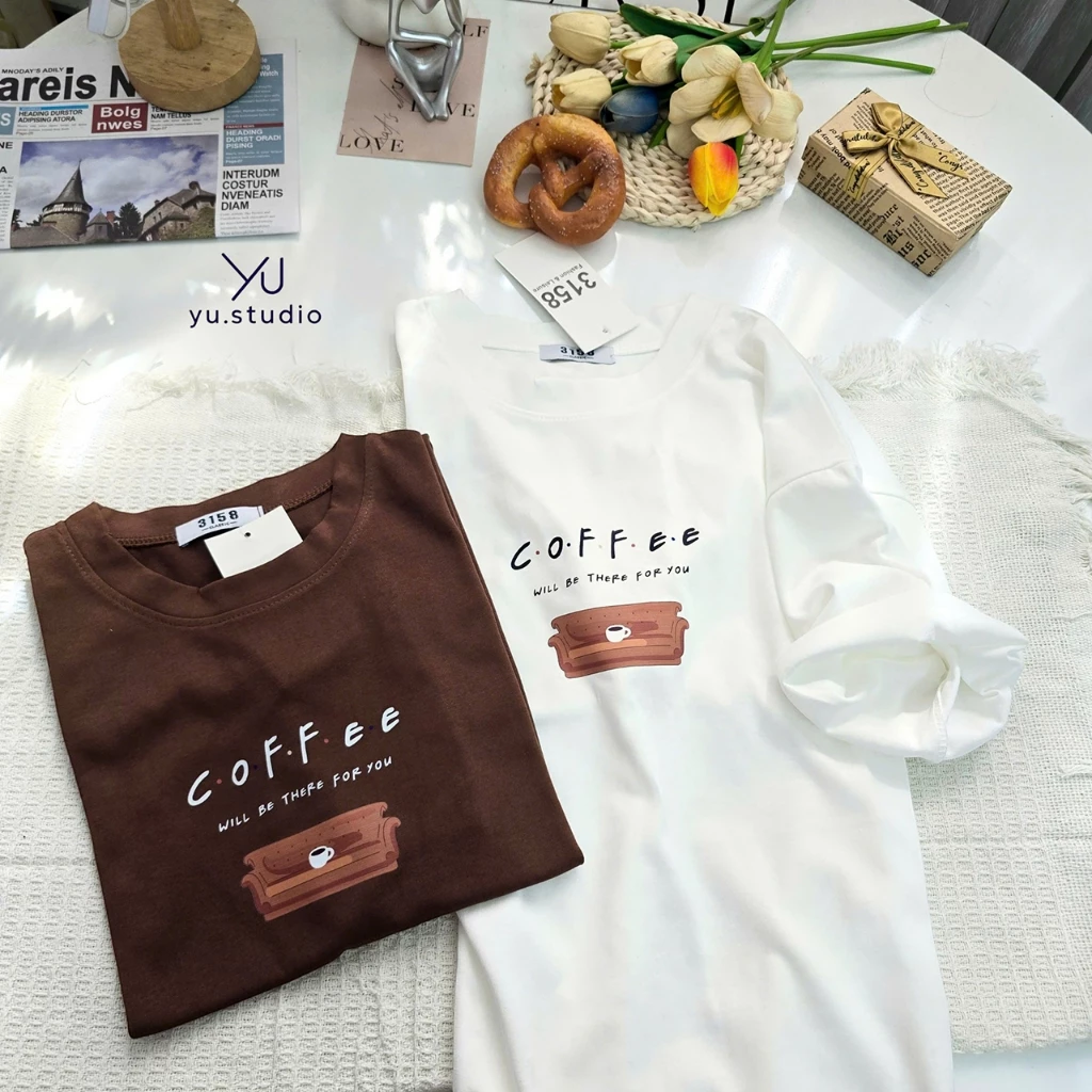 Áo thun nữ YUSTUDIO 3158 chất cotton khô form rộng phông unisex mẫu Ghế Coffee