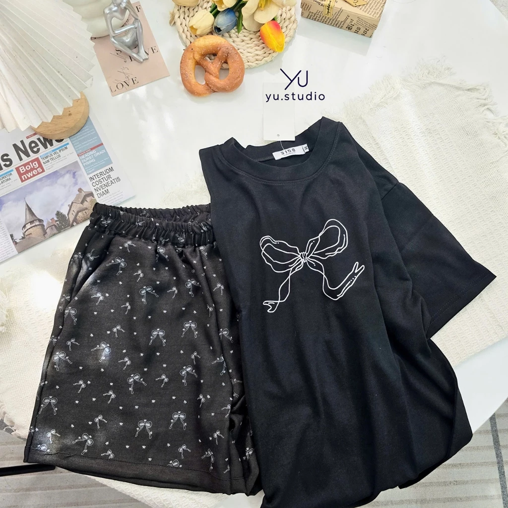 Bộ thun nữ YUSTUDIO quần đùi vân mây kèm áo cotton khô 3158 mặc nhà mẫu quần Nơ Đen
