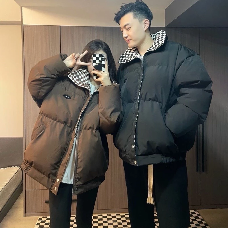 Áo Khoác Phao Béo Nam Nữ Unisex Màu Nâu Đen, Áo Khoác Phao Đôi Cổ Kẻ Caro Phong Cách Ulzzang Hàn Quốc Siêu Ấm Loại 1