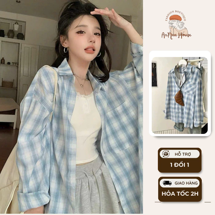 Áo Khoác Sơ Mi ANNA HOUSE Áo Sơ Mi Tay Dài Dáng Rộng Họa Tiết Kẻ Caro Phong Cách Hàn Quốc Thời Trang Mùa Thu Cho Nữ