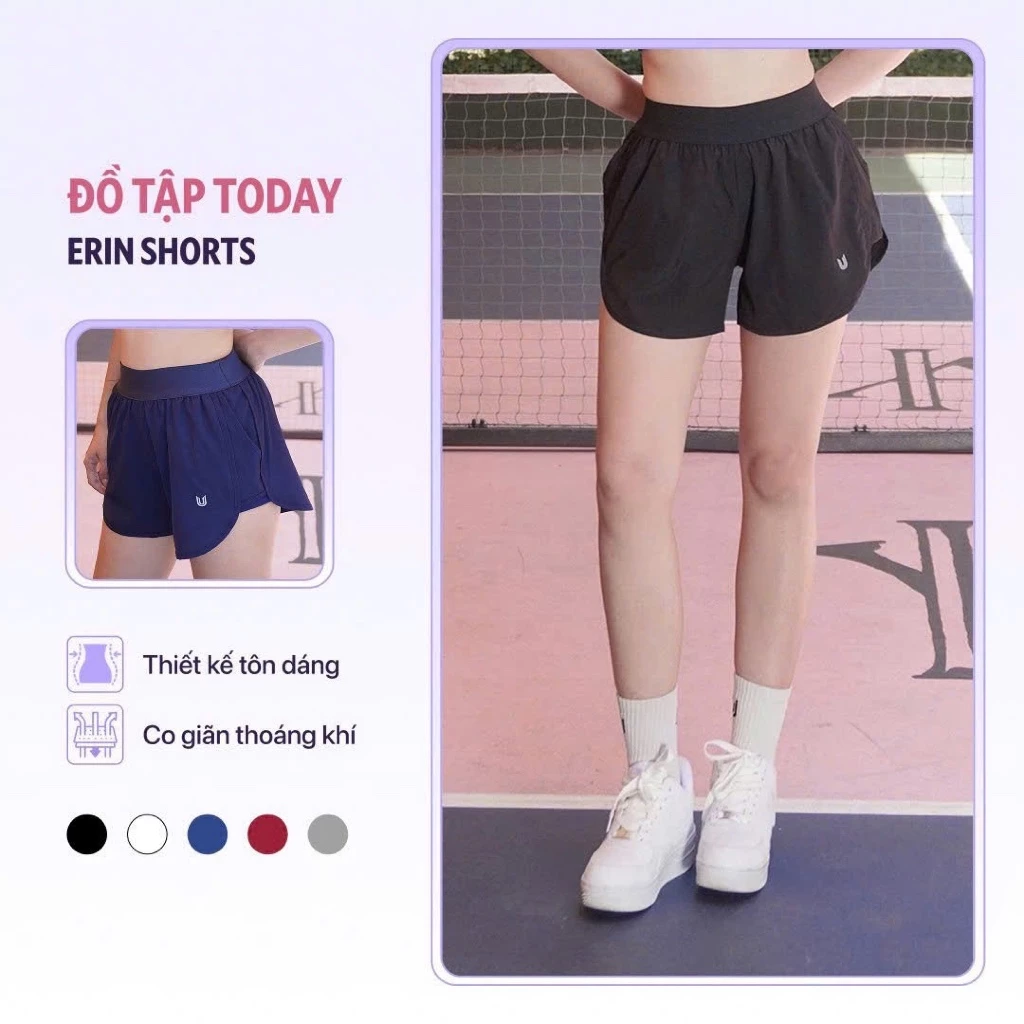 Quần đùi thể thao nữ vải gió 2 lớp lưng cao cạp chun mềm Erin Short Today U Wear chạy bộ chơi thể thao