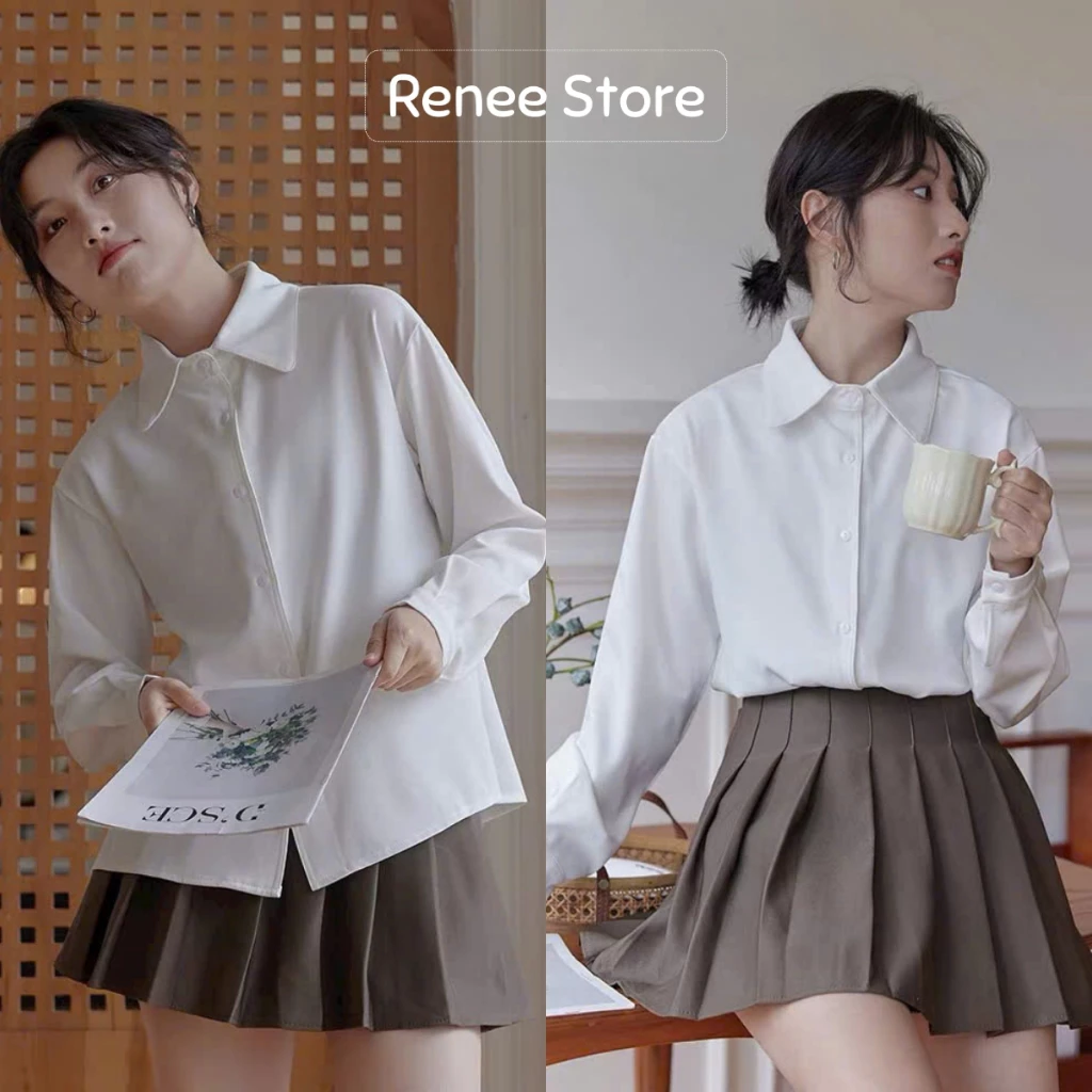Áo sơ mi trắng nữ form rộng tay dài có túi chất lụa hàn chống nhăn thời trang nữ Renee Store - AS2153