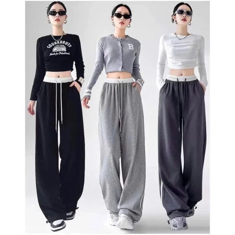 Quần Nỉ Ống Rộng Dây Rút Lưng Chun Cạp Cao Điểm Nhấn Đường sọc Nổi cá tính, Quần Nỉ Suông 376