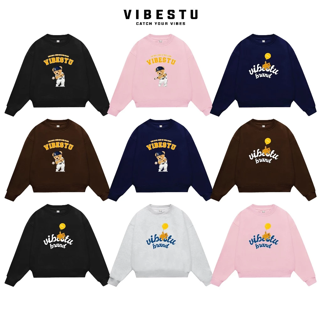 Áo Sweater Nỉ 2 Da  VIBESTU " Bear and Ball  " Boxy Tay Dơi Unisex Nam Nữ