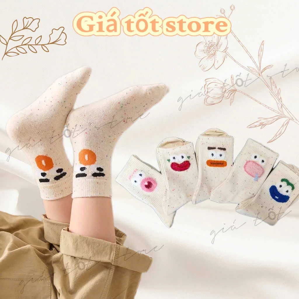 Set 5 Đôi Tất Cao Cổ Nữ Họa Tiết Biểu Cảm Ngộ Nghĩnh Cá Tính Chấm Màu Muối Tiêu TT71