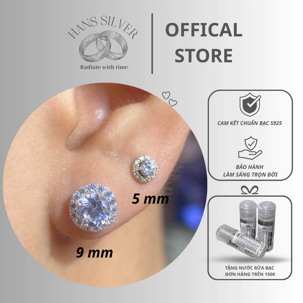 Khuyên tai bạc S925 nam nữ nụ tròn đính đá Hans Silver KTHA120118