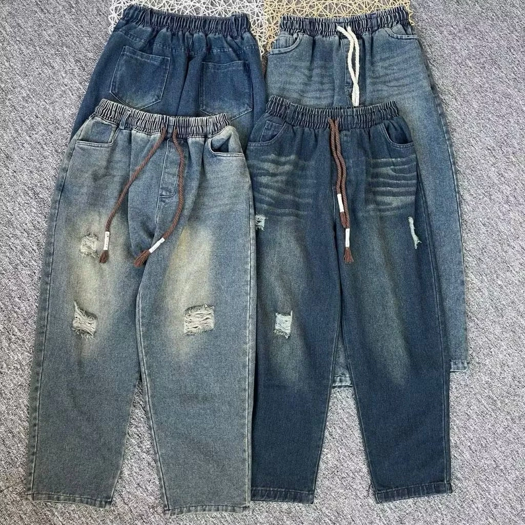 Quần Jeans Baggy Vải Jeans Mềm Cạp Chun Lưng Cao Co Dãn Thoải Mái Cho Nữ
