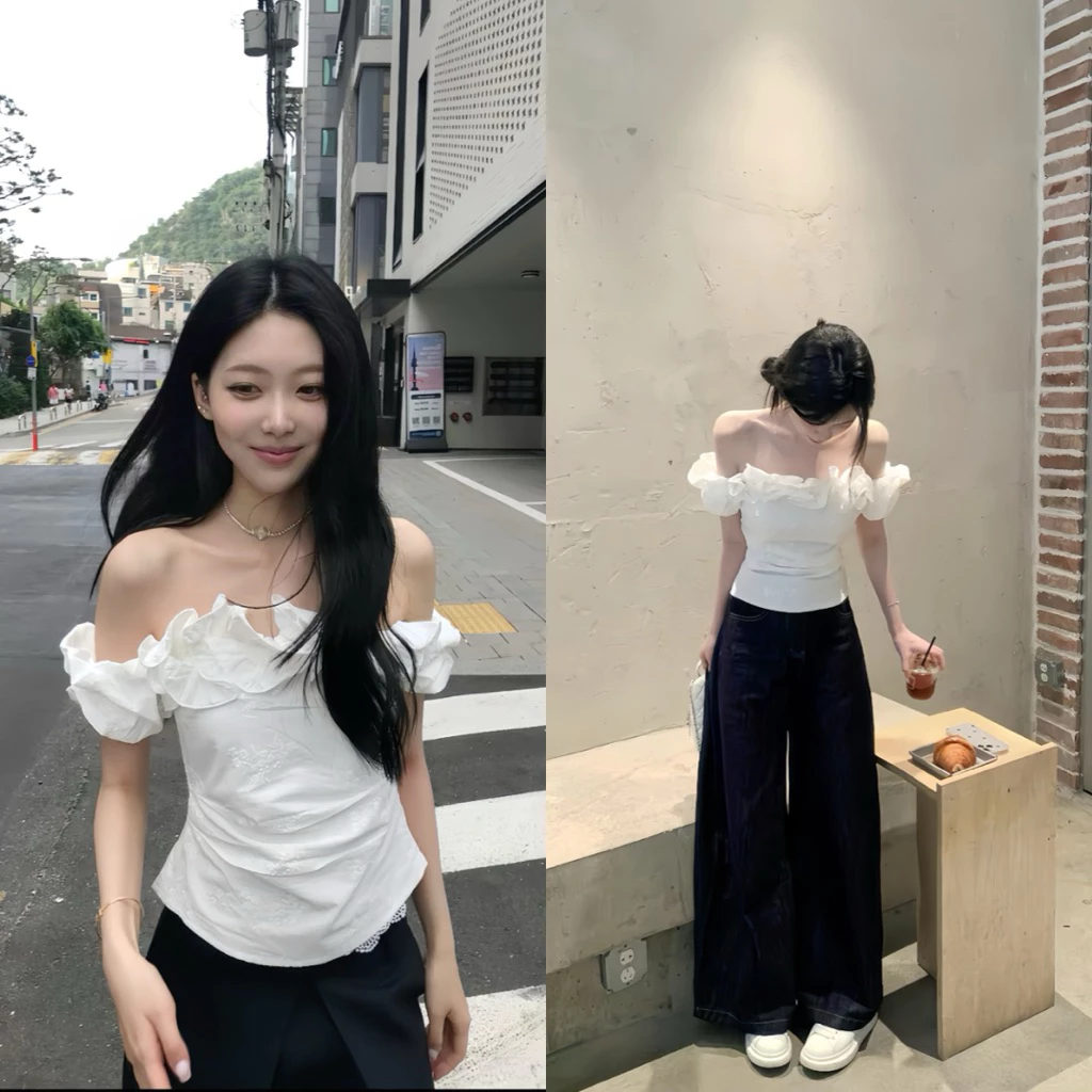 Áo Trễ Vai Thêu Ren Bèo Ngực, Áo Croptop Trắng Trễ Vai Có Mút Ngực Dễ Phối Đồ Hotrend 2025 Mặc Đi Chơi, Đi tiệc Tôn Dáng