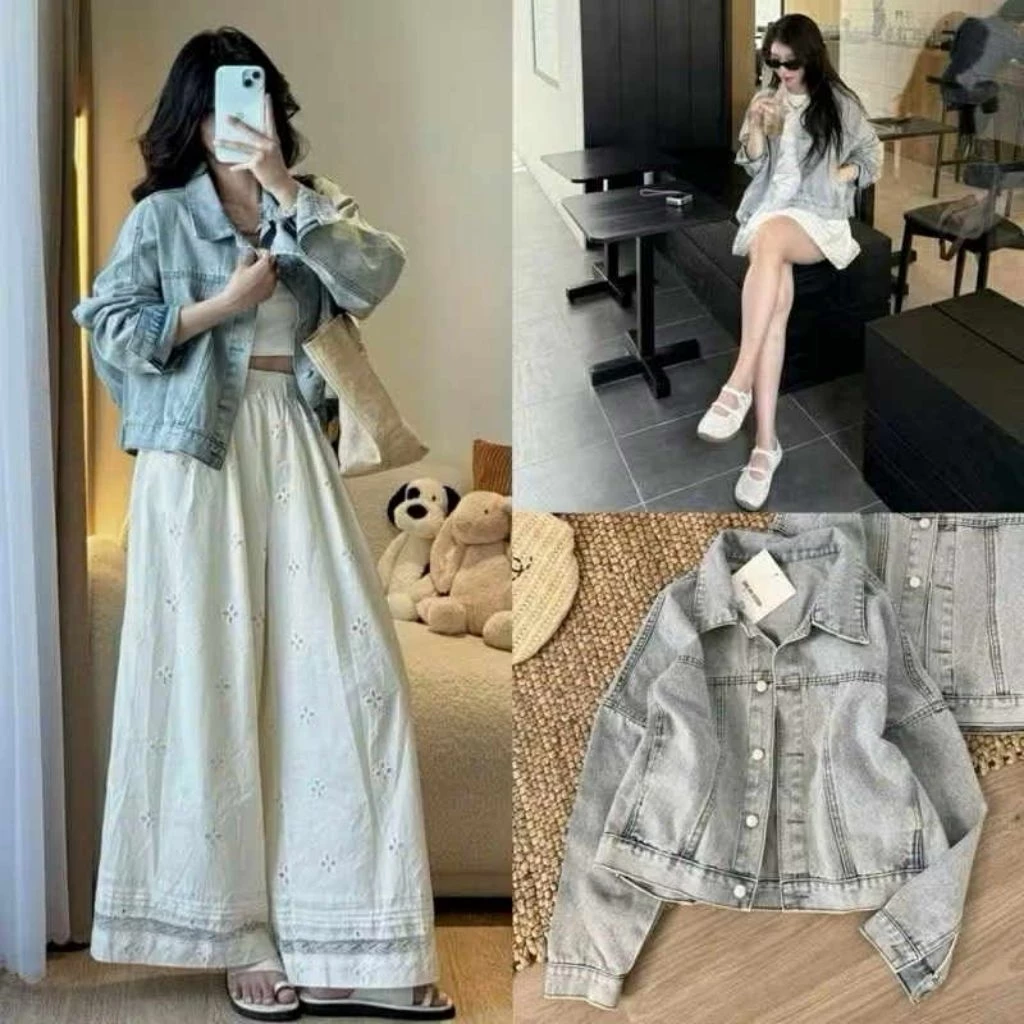Áo khoác bò trơn xanh nhạt phom dáng lửng chất jeans dày đẹp