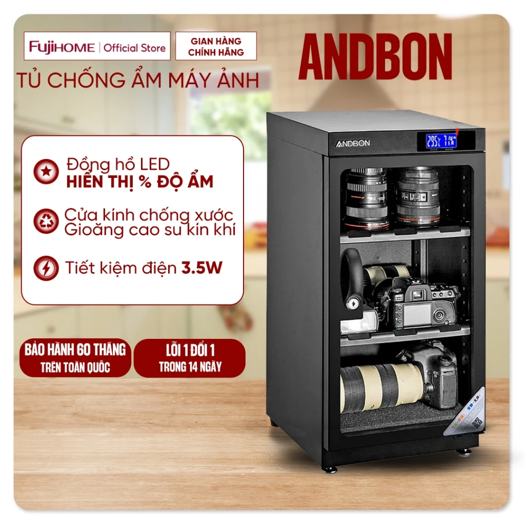 Tủ chống ẩm máy ảnh 50 Lít Andbon AD-50C nhập khẩu, tủ hút ẩm cài đặt chính xác độ ẩm, 3 ngăn tiết kiệm điện dry cabinet