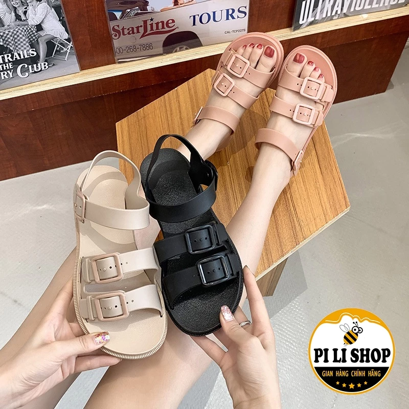 Giày Sandal Nữ Quai Ngang 3 Khóa Thời Trang, Sandal Đúc Nữ Nguyên Khối Đế Chống Trơn Trượt