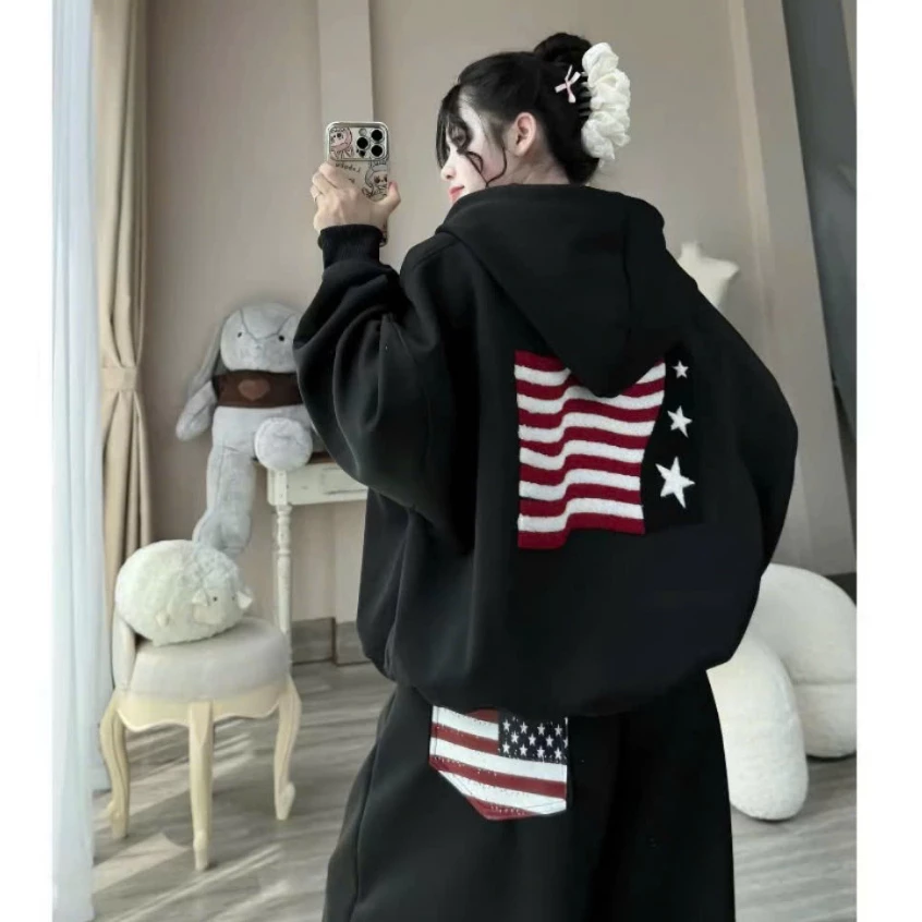 Áo Hoodie Zip Thêu Xù Lá Cờ Hình Ngôi Sao Chất Nỉ Dày Dặn Không Bai Xù - Áo Khoác Nỉ Zip Thêu Ngôi Sao From Rộng Hottren