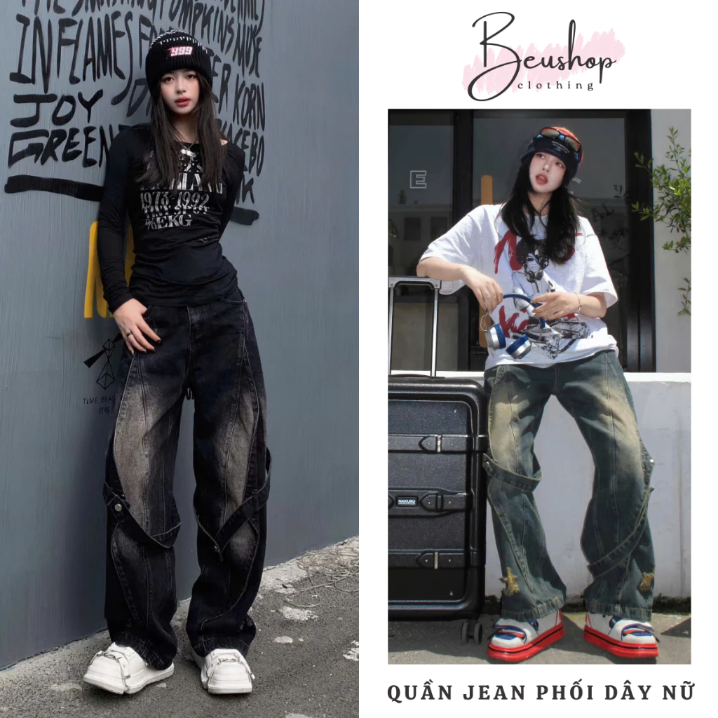 Quần Jean Đen Mang Mực Phối Dây Nữ WASH RETRO Quần Jean Nữ Phối Dây Suông Ống Rộng Form Đứng Dáng Dài