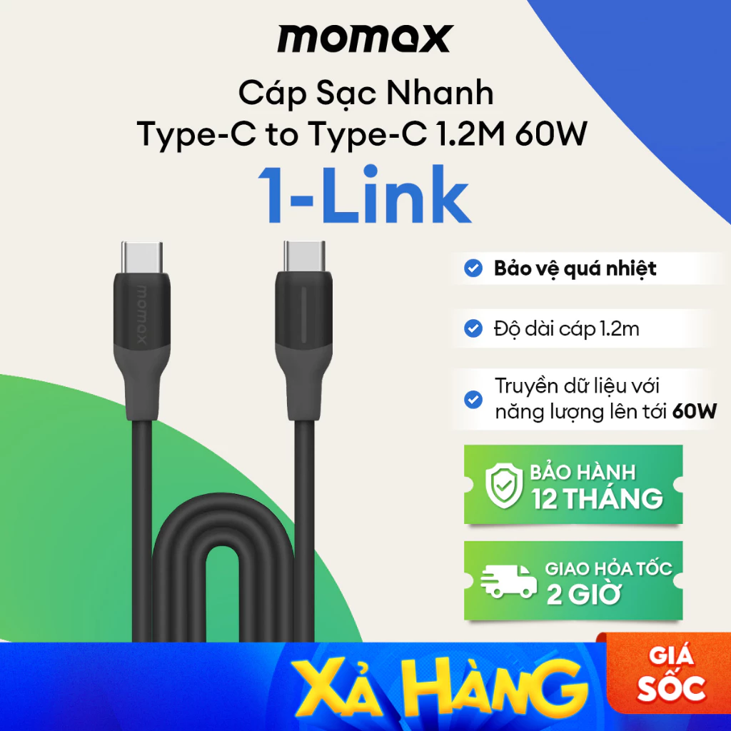 Cáp sạc Nhanh Momax 1-Link USB-C To USB-C (1.2m / Support 60W) Charging + Data Transfer cable (TPE + Silicon)