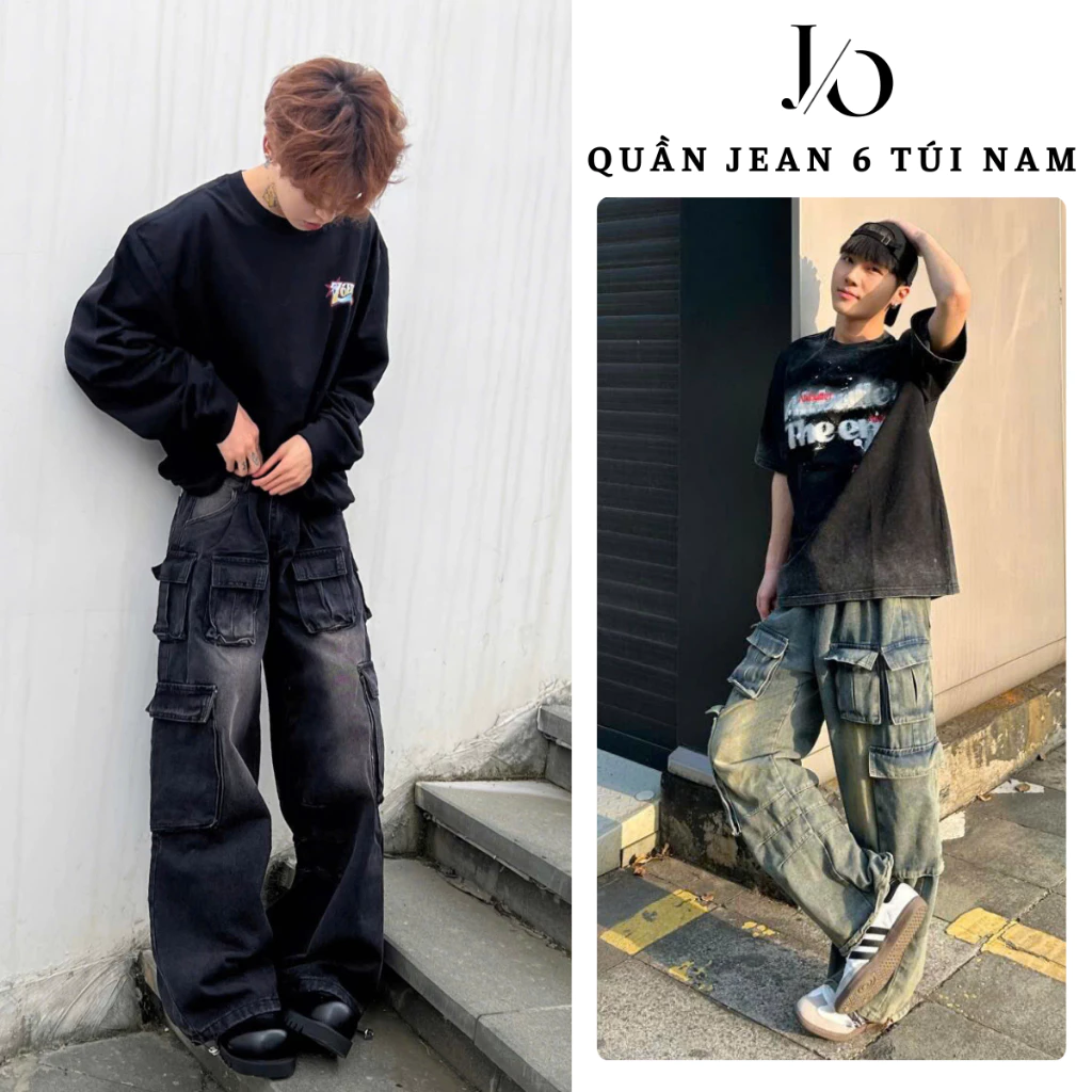 Quần Jean Wash Retro Nam Túi Hộp Suông Ống Đứng Quần Jean Denim Túi Hộp Nam Unisex Lưng Cao Hiphop