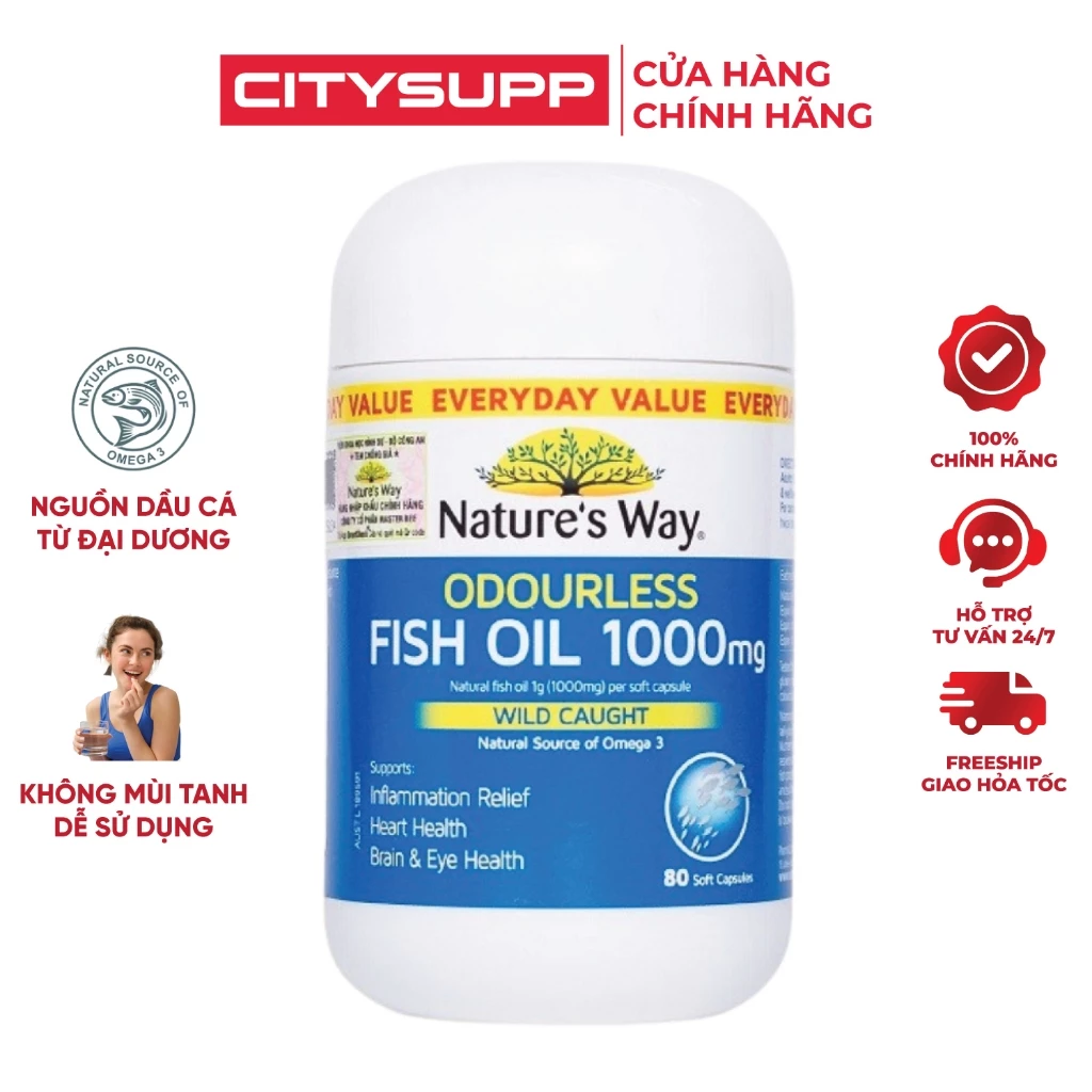 Viên Uống Dầu Cá Nature’s Way Odourless Fish Oil (1000mg) Hỗ Trợ Tốt Cho Mắt Và Não Không Mùi