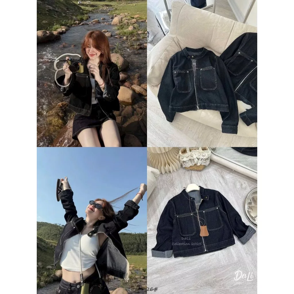 Áo Khoác Jeans Nữ Khóa Zip Phối Túi Hộp Viền Chỉ Nồi Màu Xanh Than Dáng Lỡ Form Rộng Phong Cách Cá Tính