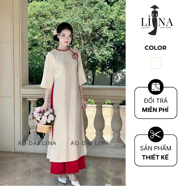 Áo dài cách tân dáng suông thiết kế cổ tròn đính cúc nơ cách điệu phối tay loe họa tiết hoa nổi