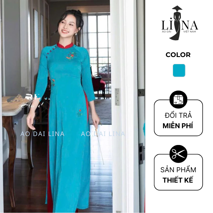 Áo Dài Nữ Lụa Thái Tuấn Xanh Ngọc Cổ Đỏ Thêu Hoa Cao Cấp 2 Tà Duyên Dáng Quý Phái