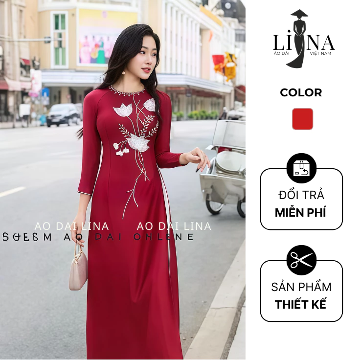 Áo Dài Cổ Tròn Xéo Đá Hoa Sen 2 Tà Lụa Vân Gỗ – Trang Phục Nữ Truyền Thống Hiện Đại, Thời Trang Việt Sang Trọng