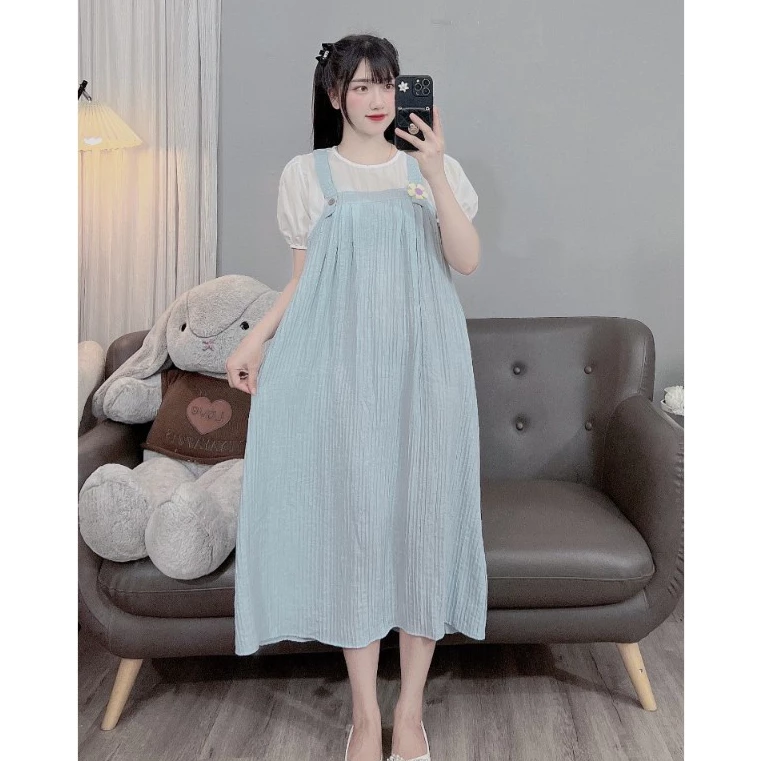 (45-100kg)Váy bầu,đầm bầu bigsize chất tằm nhăn giả yếm cực xinh