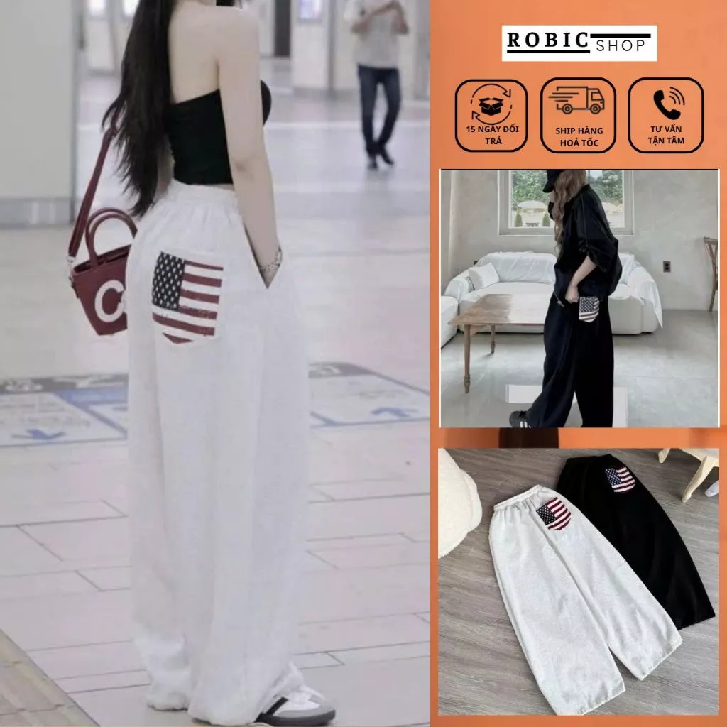 Quần Nỉ Jogger Unisex Phối Cờ Mỹ Siêu Đẹp, Quần Nỉ Nữ Form Rộng Kiểu Dáng Phóng Khoáng Thoải Mái-ROBIG