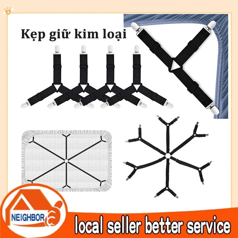 Dây Kẹp Cố Định Ga Trải Giường Chống Trượt, Bộ 4 kẹp ga giường drap chống xê dịch, Kẹp giữ kim loại