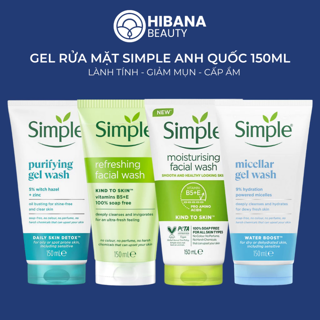 Sữa rửa mặt SIMPLE Kind To Skin Refreshing, Purifying và Moisturizing cho mọi loại da 150mL