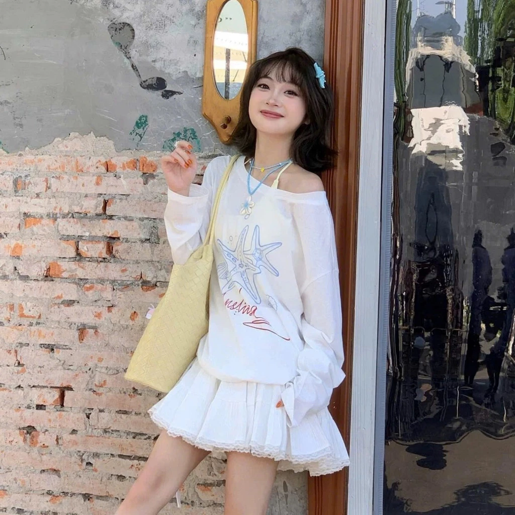 Áo thun dài tay Lệch vai, Áo dài tay trể vai phong cách hàn quốc ALICEVN, Áo lệch vai in hình Chất thun xượt mềm