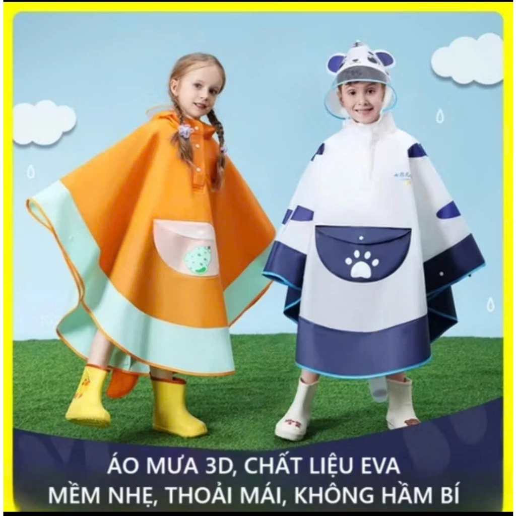 Áo Mưa Trẻ Em Cao Cấp Cánh Dơi Chống Thấm Nước Hình Thú Ngộ Nghĩnh Chất Liệu EVA An Toàn Cho Bé Đeo Cặp Sách Thoải Mái