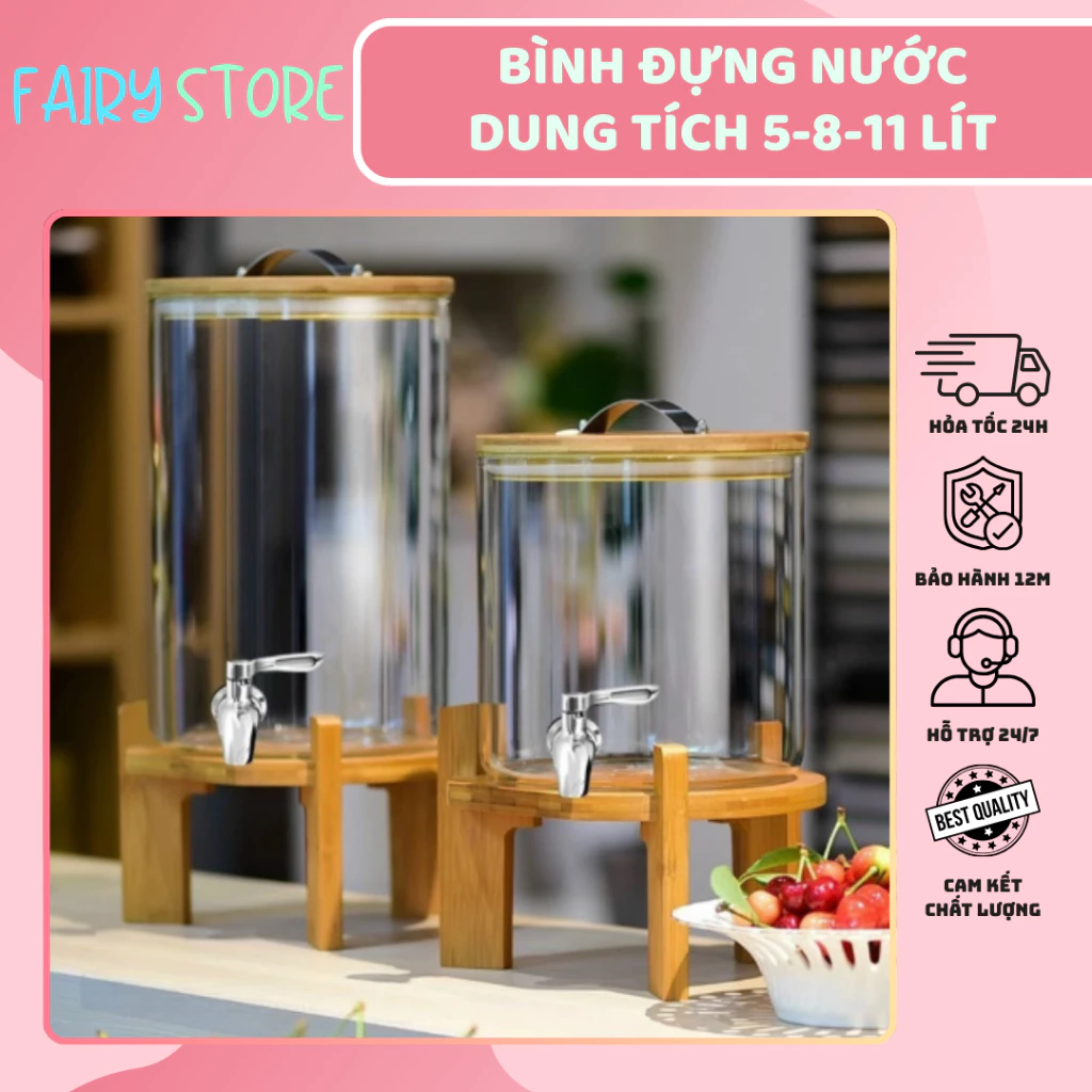 Bình Đựng Nước Thuỷ Tinh Chịu Nhiệt Có Vòi Rót Kèm Kệ Gỗ Siêu Xinh Dung Tích 5L, 8L,11L