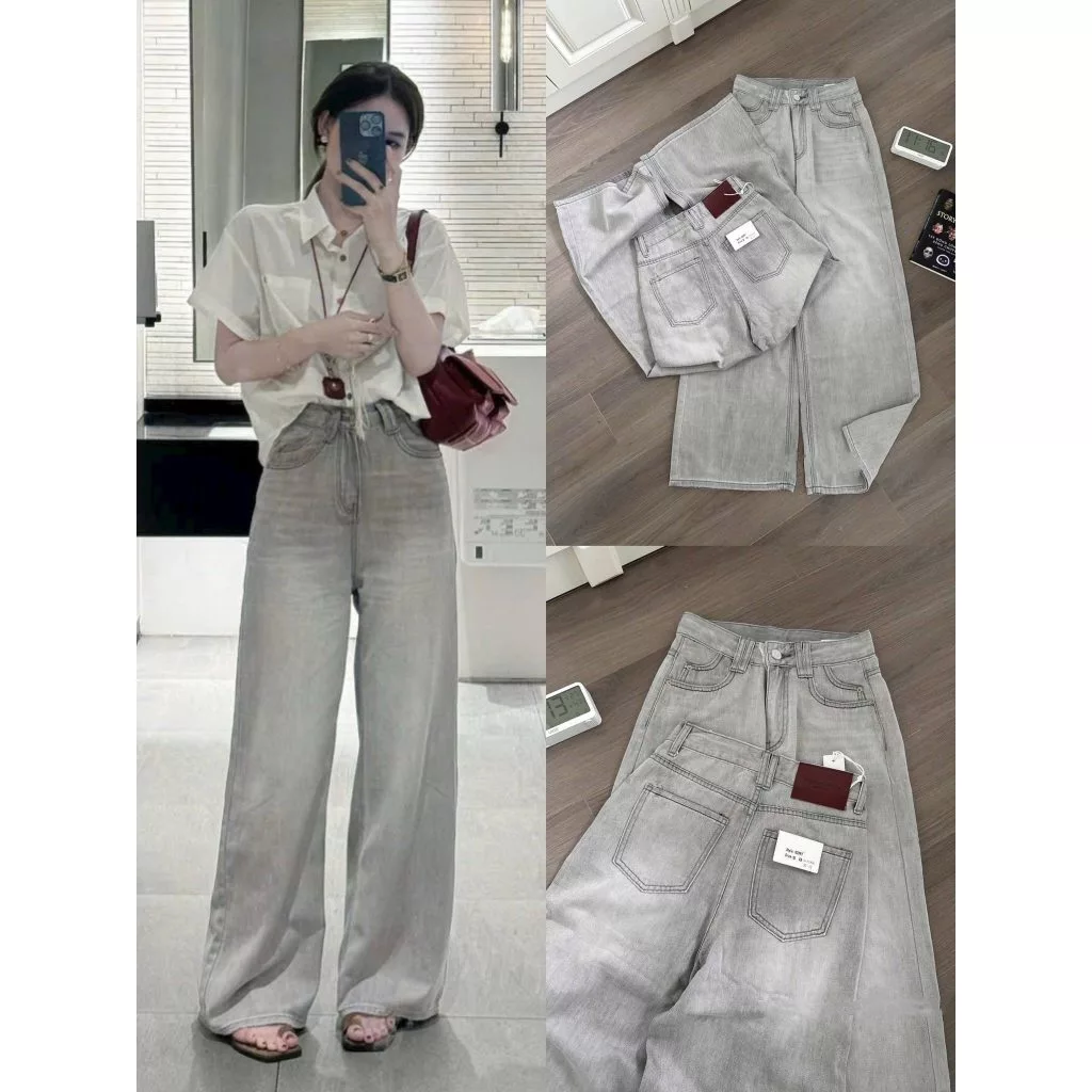 Quần Bò Jeans Nữ Ống Rộng, Quần Bò Denim Suông Ống Rộng Trơn Màu Xám Khói Phối Mác Da Cạp Cao Siêu Hách Dáng Cực Đỉnh