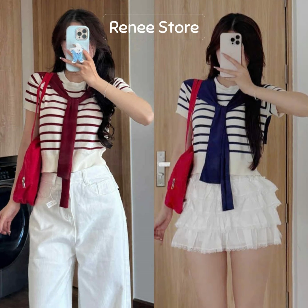 (Kèm khăn choàng) Áo len mongtoghi tay ngắn họa tiết kẻ sọc, áo len cổ tròn thủy thủ dáng lửng Renee Store - AL1951