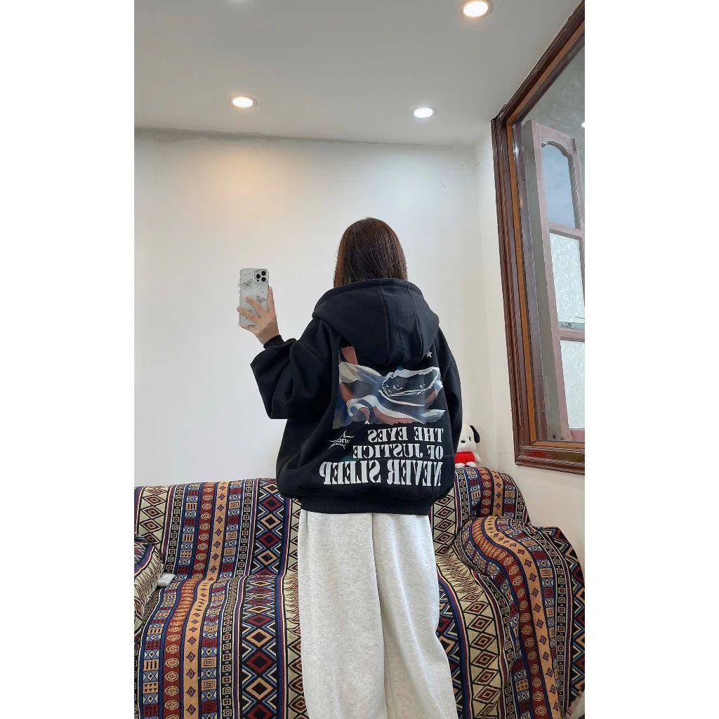 ( VẢI DÀY 3 LỚP ) ÁO KHOÁC NỈ COTTON FOM BOXY MÙA ĐÔNG ĐEN HÌNH ĐÔI MAT NỊN JA