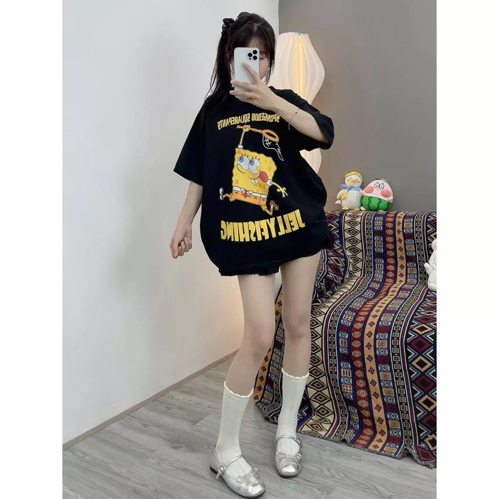 ( SP LIVE ) ÁO PHÔNG FOM RỘNG OVERSIZE BỌT BỈN ĐEN CẦM VỢT SIU CUTIII ( SP LIVE )