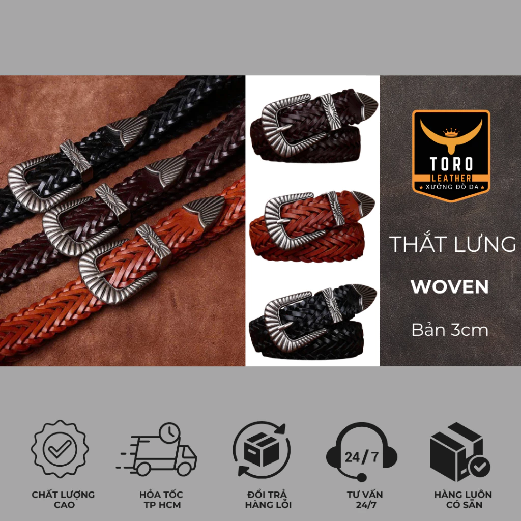 Thắt lưng【Bảo hành 5 năm】Dây nịt da thật 100% (Tặng đinh đóng lỗ) - Dây nịt da bò thật Woven