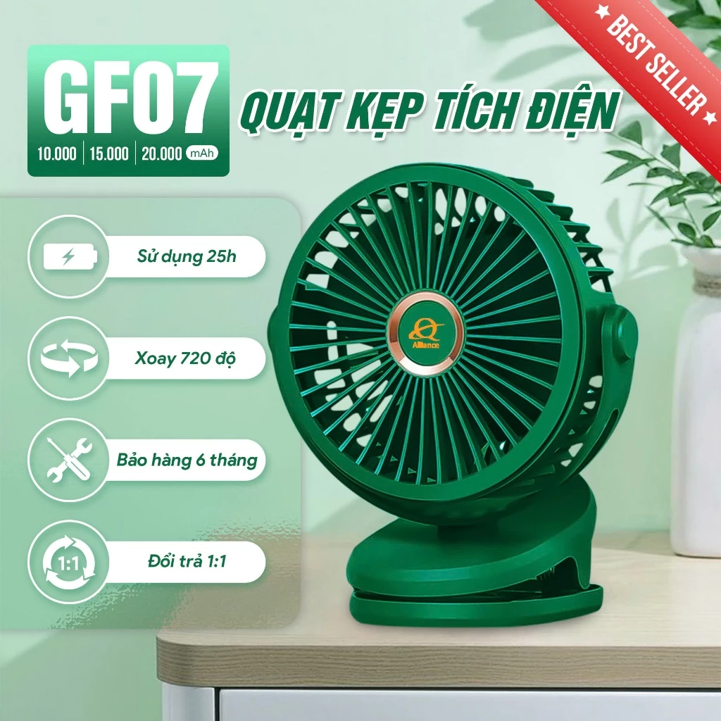 Quạt Tích Điện Mini GF07 ALLIANCE Quạt Để Bàn Xoay 720°, Pin Trâu Bền Bỉ, 4 Mức Gió Linh Hoạt