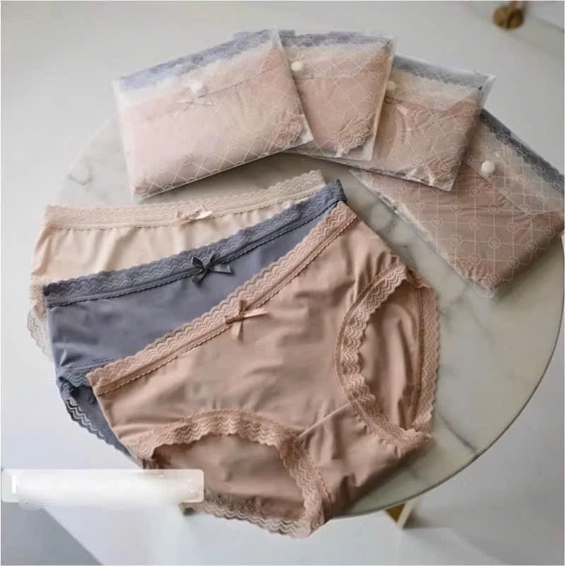 Set Túi Ví 3 Quần Lót Nữ Quần Lót Chất Đúc Su Phối Nơ Viền Ren Mát Lạnh Bán Chạy Quanh Năm