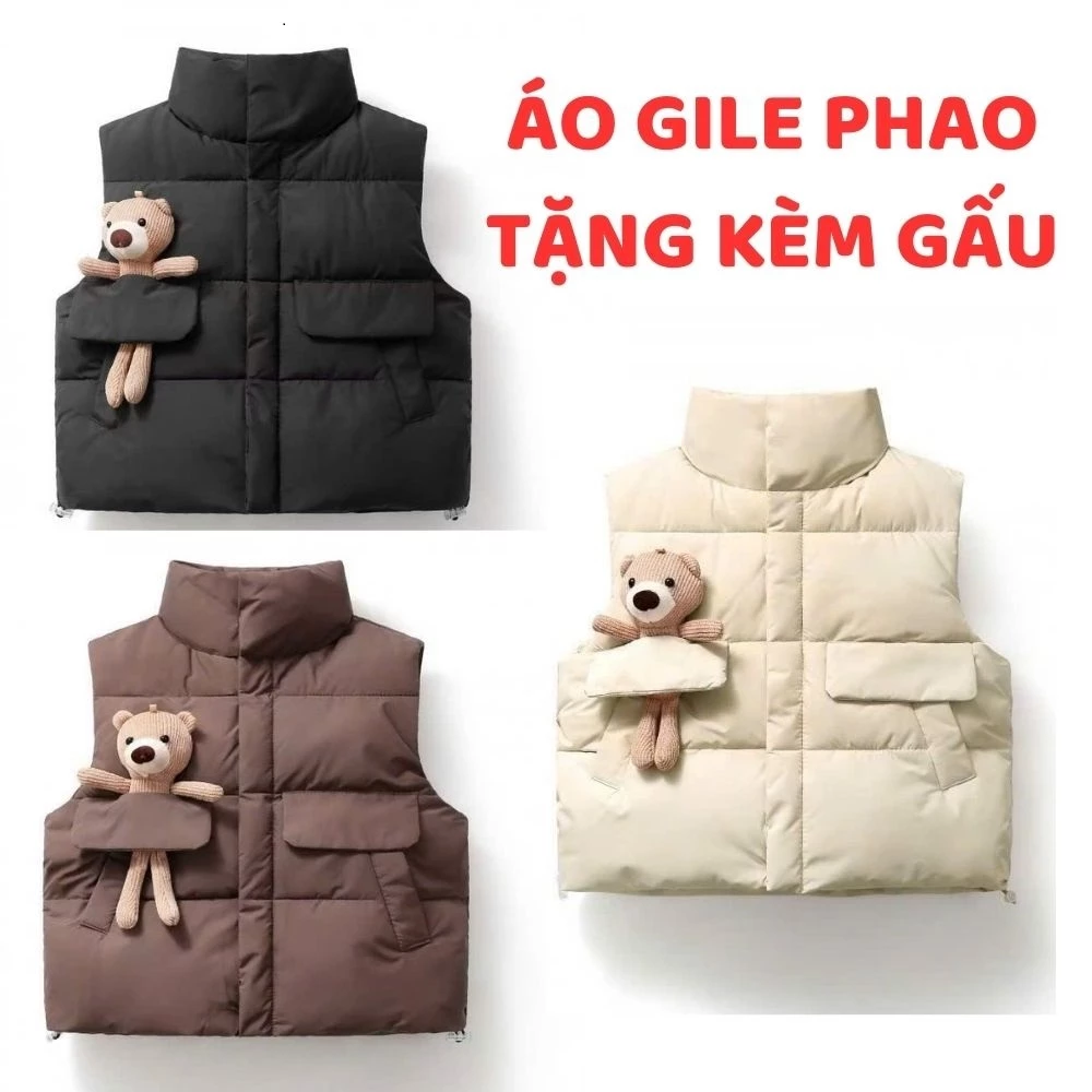 Áo gile phao cho bé trai bé gái 8-18kg – Áo phao gile ấm kèm gấu bông dễ thương, hàng đẹp giá gốc tận xưởng