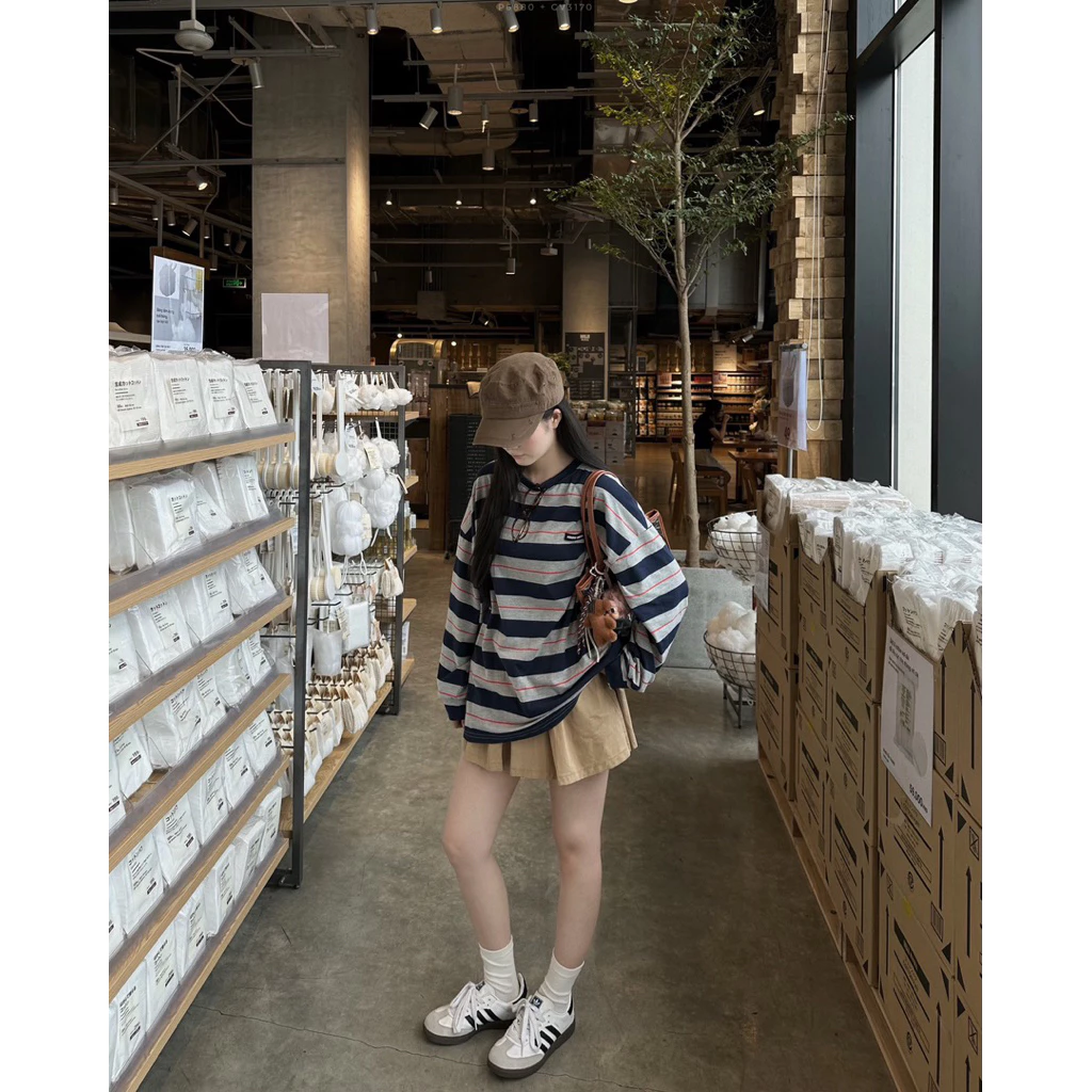 [Steezy] Áo pull cotton dài tay kẻ xám xanh đỏ tag MINMIN form rộng, áo thun dài tay thu đông oversize cho nữ - P6880