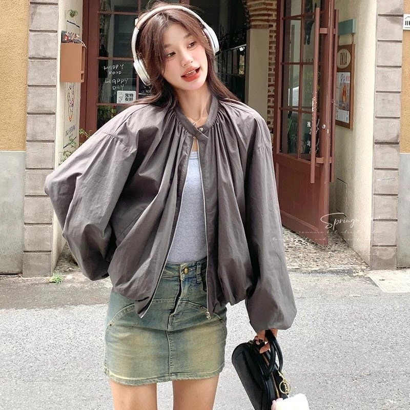 ÁO KHOÁC DÙ GIÓ 2 LỚP CROPTOP NỮ THIẾT KẾ KHÓA KÉO CỔ CÓ NÚT BẤM